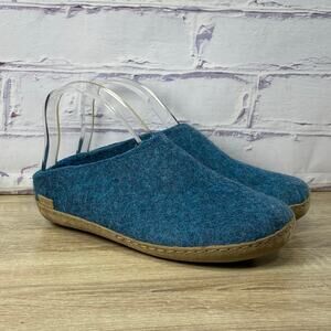 Glerups Slip On Slippers Leather Sole Women's 39 US 8.5 Petrol Blue Wool